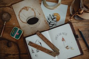 sketchbook, art prints and coffee